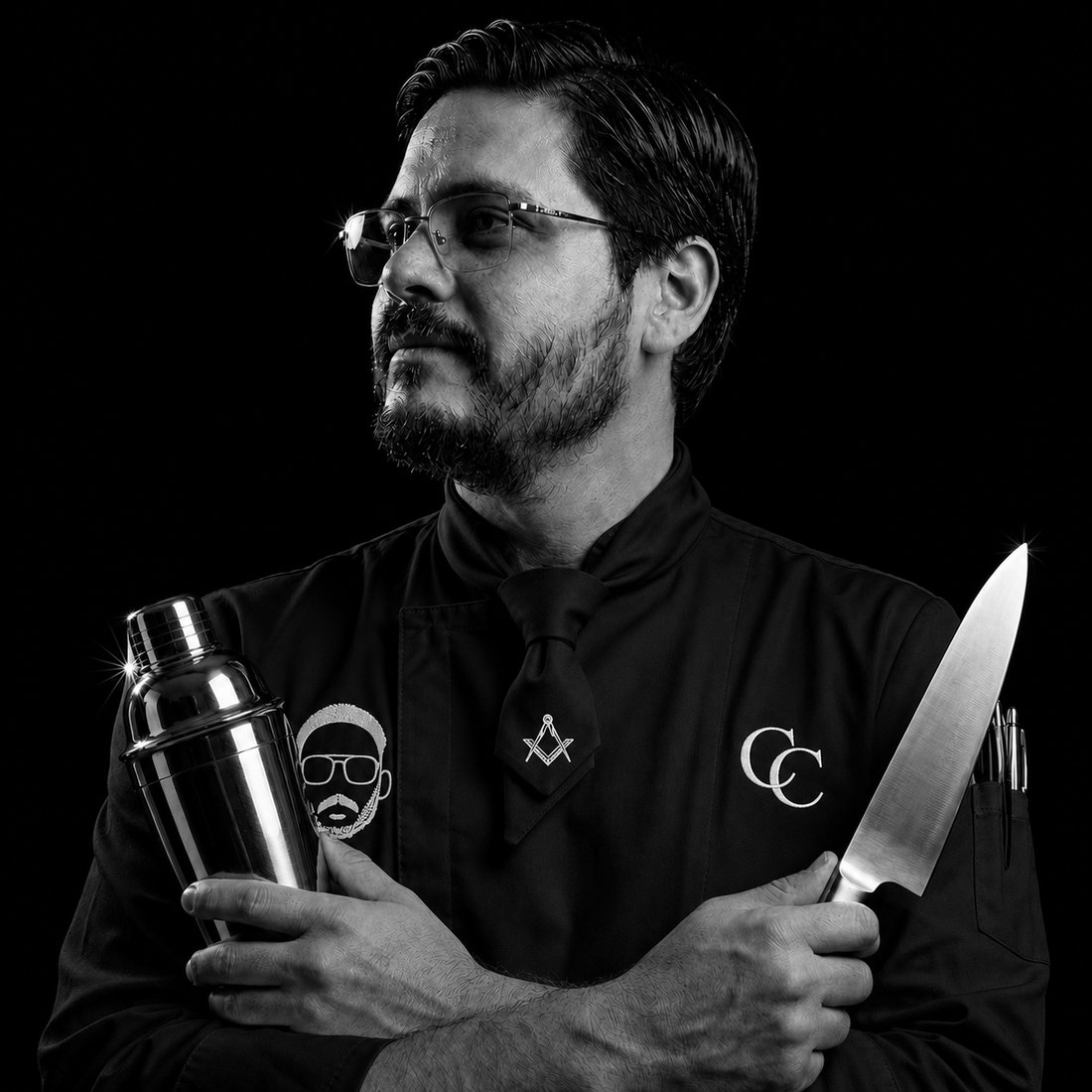 Tian con chaqueta CC — el futuro bar Christian Camilo